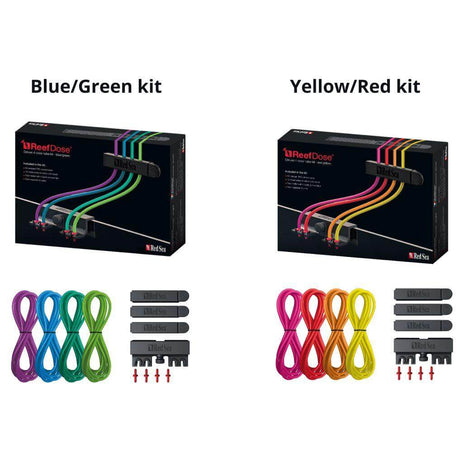 Red Sea ReefDose 4 Color Tube Kits, featuring Blue/Green and Yellow/Red options with tubes and holders.