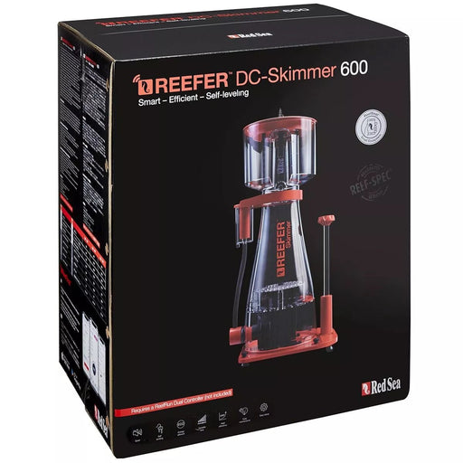 Red Sea Reefer DC Skimmer 600 box showcasing smart, efficient, and self-leveling protein skimmer features.