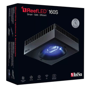 Red Sea ReefLED 160s Marine Light packaging showcasing smart, safe, and efficient LED technology for coral growth.