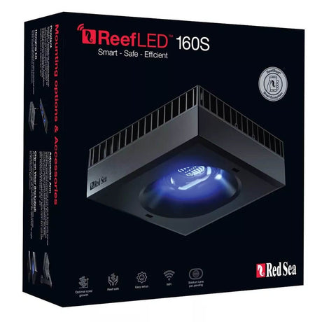 Red Sea ReefLED 160s Marine Light packaging showcasing smart, safe, and efficient LED technology for coral growth.