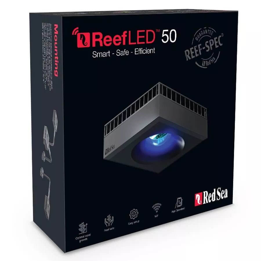 Red Sea ReefLED 50 Marine Light packaging, showcasing smart, safe, efficient LED technology for coral growth.