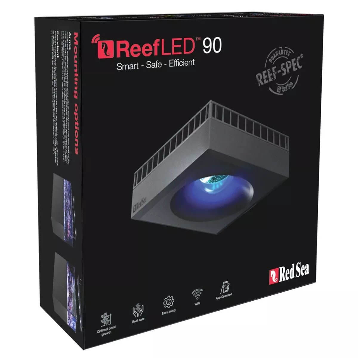 Red Sea ReefLED 90 Marine Light packaging showcasing smart, safe, and efficient reef-specific lighting for coral growth.
