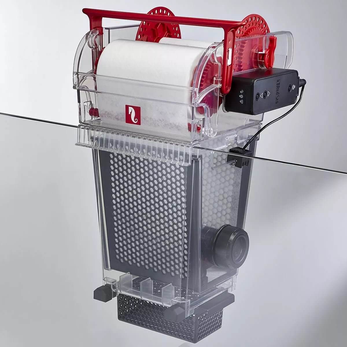 Red Sea ReefMat Fleece Roller Filter system for saltwater aquariums featuring a clear design and integrated filtration technology.