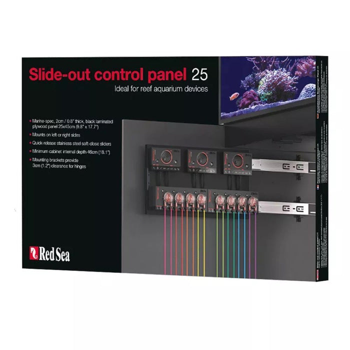 Red Sea Slide-Out Control Panel 25 for organized reef aquarium device access, featuring easy-slide design and mounting brackets.