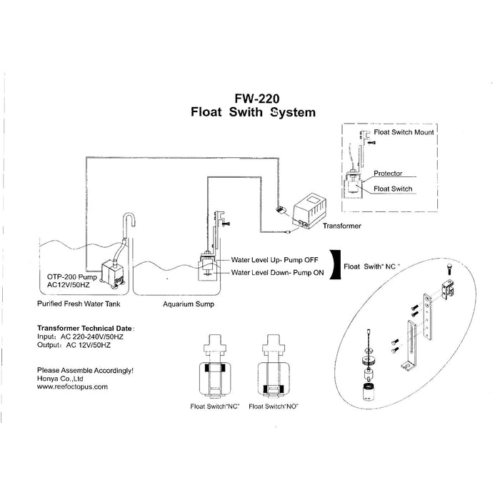 FW-220 Float Switch System diagram for automatic water level control in aquariums. Easy assembly guide included.