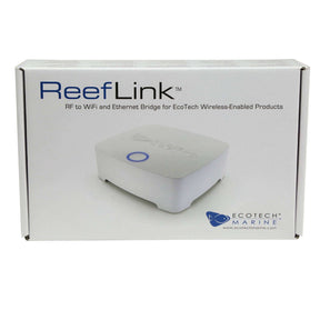 EcoTech Marine ReefLink Wireless Controller box with product details and branding, showcasing wireless connectivity features.