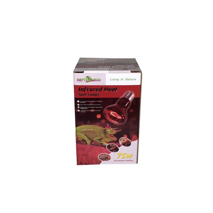 Repti Zoo Infrared Heat Spot Lamp packaging for terrariums, 75W bulb ideal for reptile heat regulation.