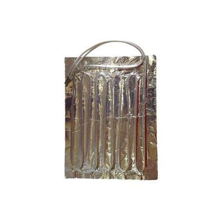 Reptile heating pad with a silver foil design, suitable for reptiles, measuring 200x150mm, 9w power rating.