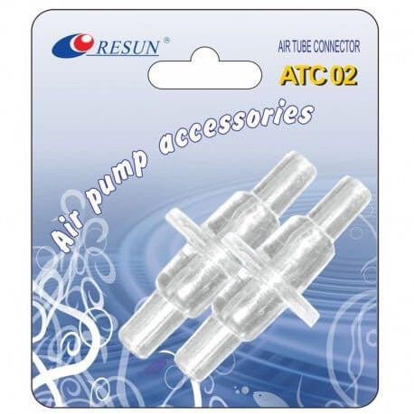 Resun Air Tube Connector 2 Way Straight for airline tubing, packaged with two connectors for aquarium air pump accessories.