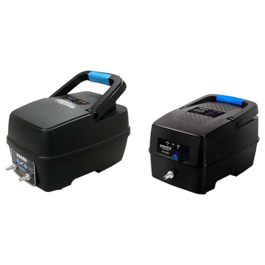 Resun Low Noise AC/DC Pond Air Pump with dual mode power supply for fish ponds and aquariums, showcasing compact design and user-friendly features.