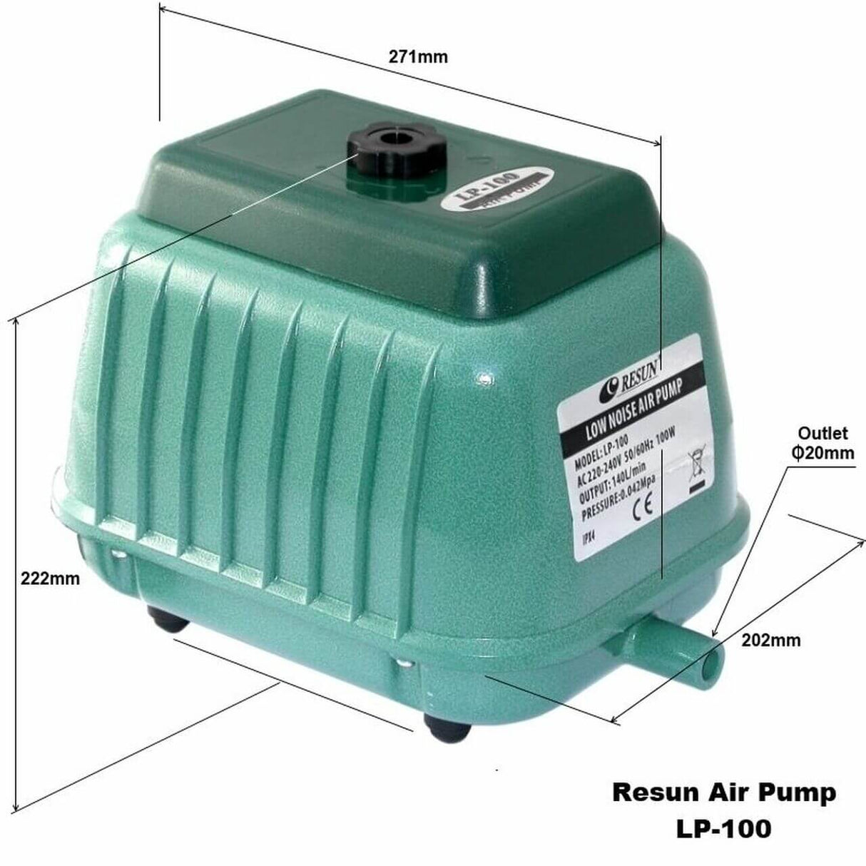 Resun LP-100 High Pressure Air Compressor, ideal for pond aeration and fish health, showcasing design and specifications.