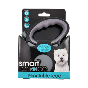 Retractable dog lead with soft grip handle, packaging design featuring a playful dog, 3-meter length for pet freedom and control.