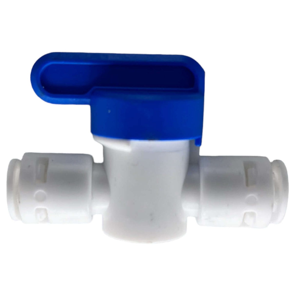 RO valve fitting with blue handle for 75G units, designed for easy straight connections in water filtration systems.