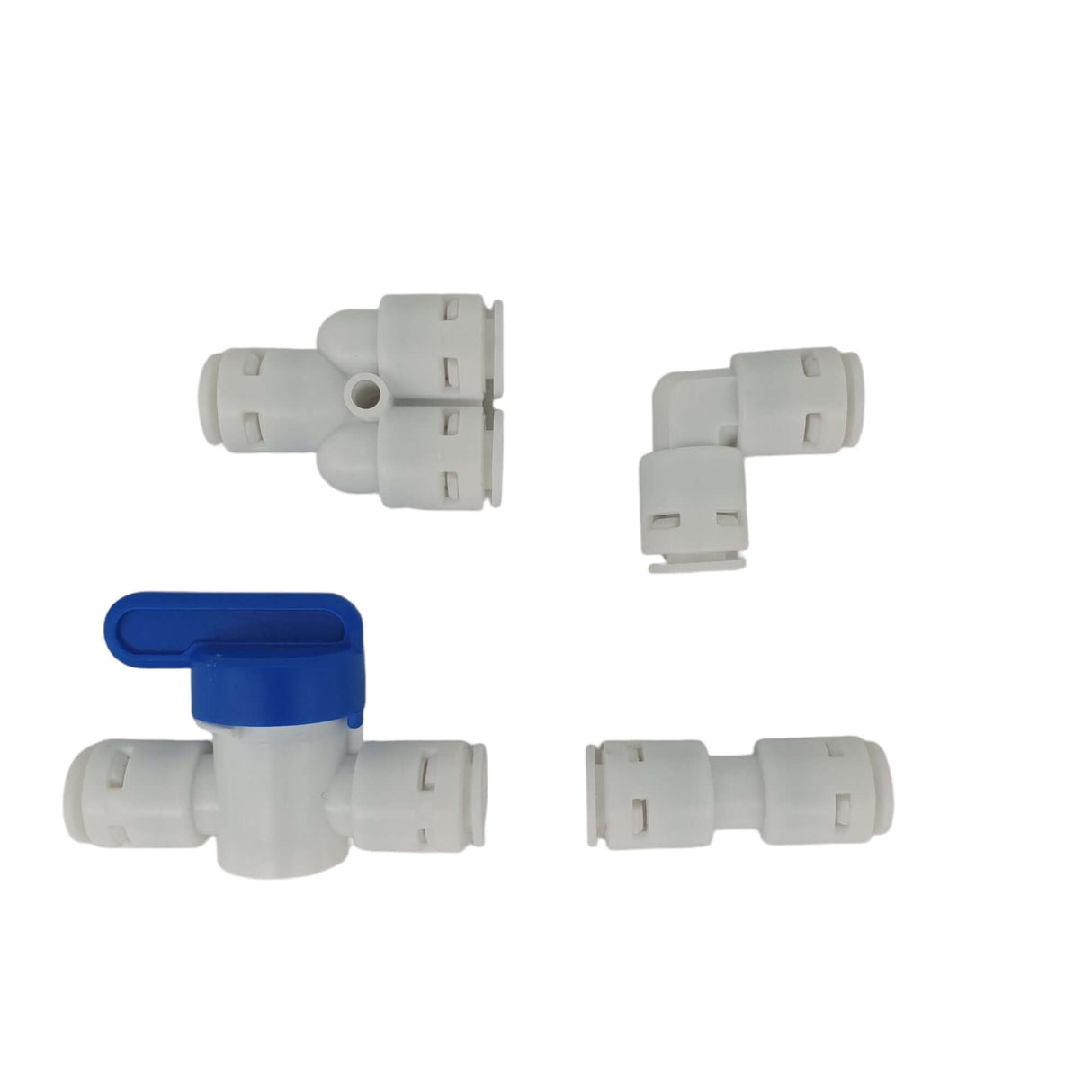 RO unit fittings accessories including valve, elbow, and tee connectors for water filtration systems.