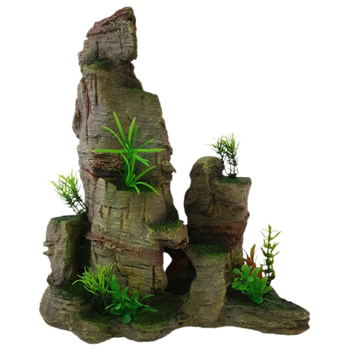 Rock Ornament Large for aquariums, featuring plants and realistic rock structure, dimensions 31 x 20 x 35.5cm.