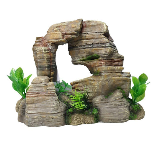 Rock Ornament Medium for aquariums, featuring realistic rock structure with plants, size 24 x 11 x 16.5cm.