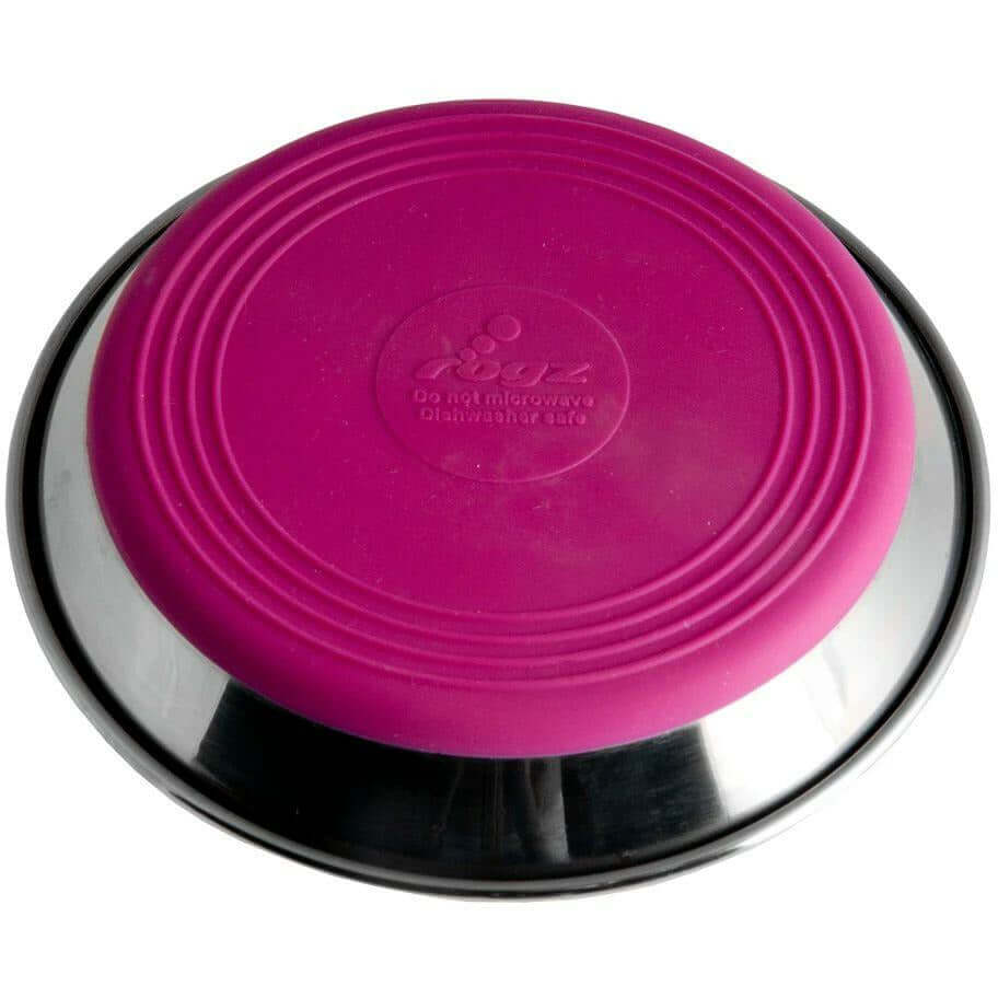 Stainless steel cat bowl with a pink non-skid silicone base, designed for comfortable feeding. Dishwasher safe and wide design.
