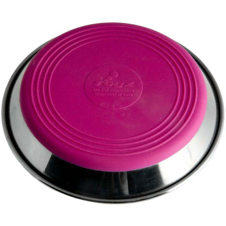 Stainless steel cat bowl with a pink non-skid silicone base, designed for comfortable feeding. Dishwasher safe and wide design.
