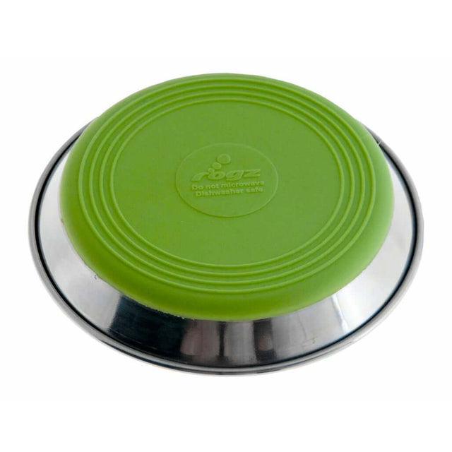 Rogz Anchovy Cat Bowl with green non-skid silicone base and stainless steel design, dishwasher safe for easy cleaning.