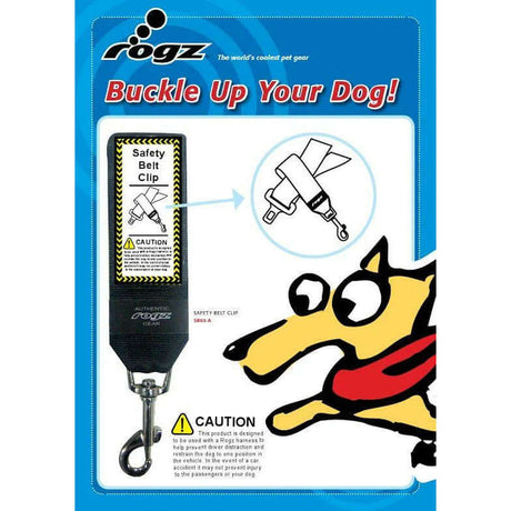 Rogz Car-Safe Safety Belt Clip packaging, featuring safety advice and a playful dog illustration for pet travel safety.