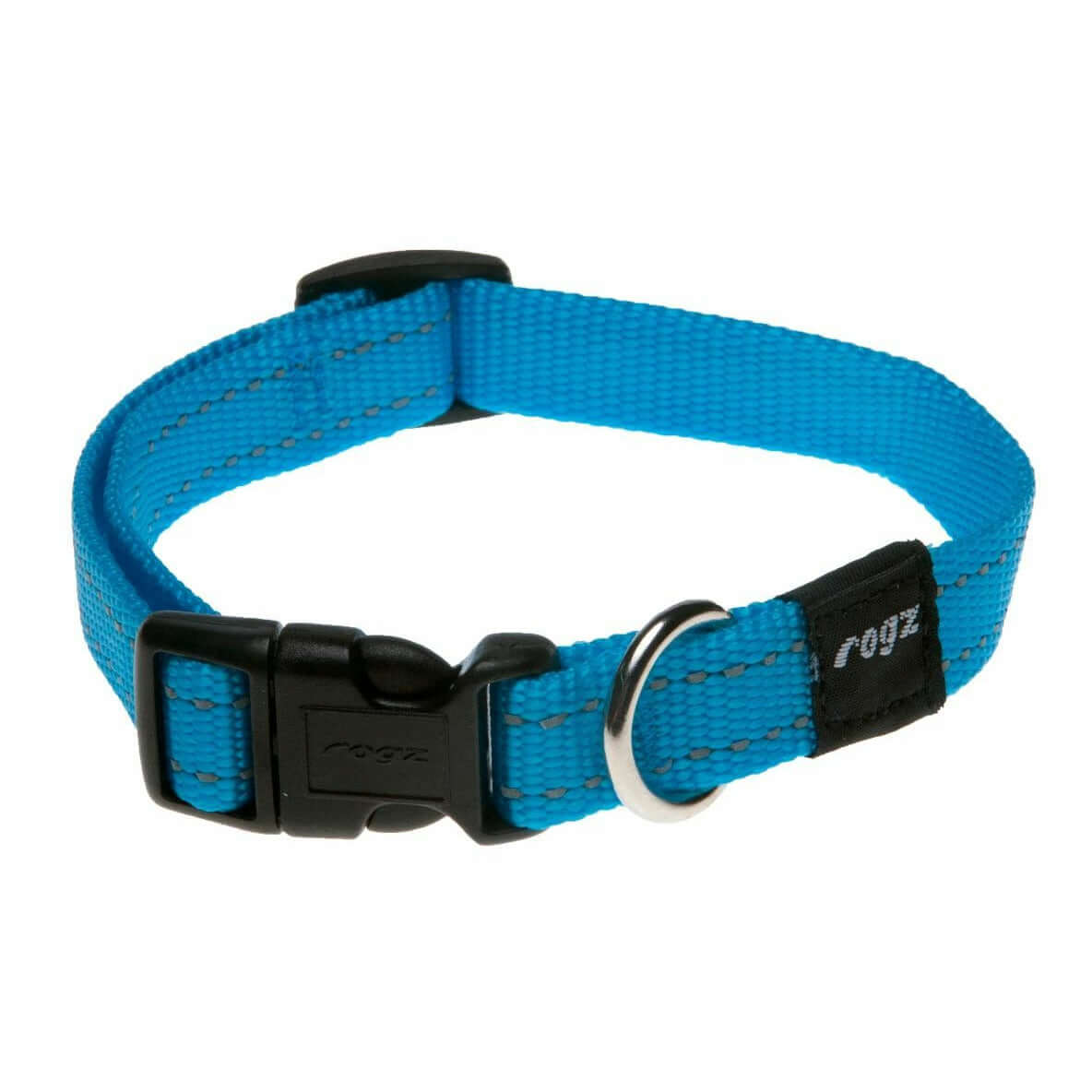 Rogz Classic Reflective Dog Collar in blue, featuring strong webbing and ergonomic buckle for comfort and safety.
