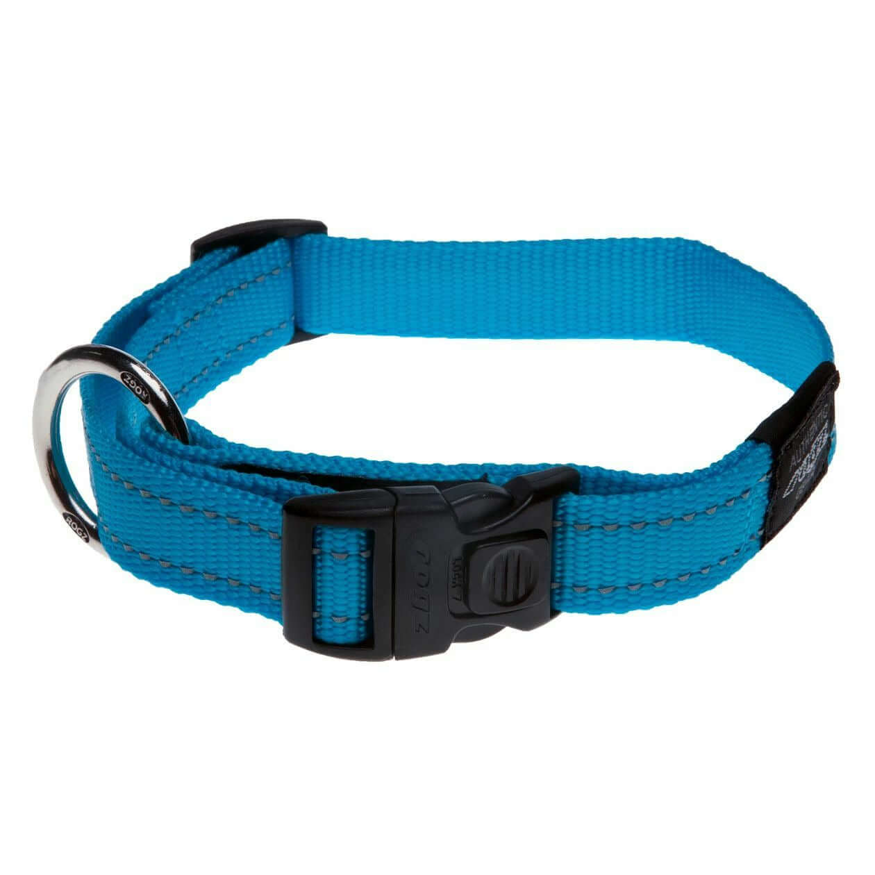 Rogz Classic Reflective Dog Collar in blue with ergonomic buckle and D ring for ID tags, ideal for safe nighttime visibility.