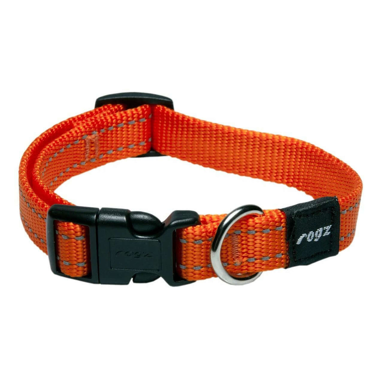 Rogz Classic Reflective Dog Collar in bright orange with ergonomic buckle and accessory D ring for ID tags.
