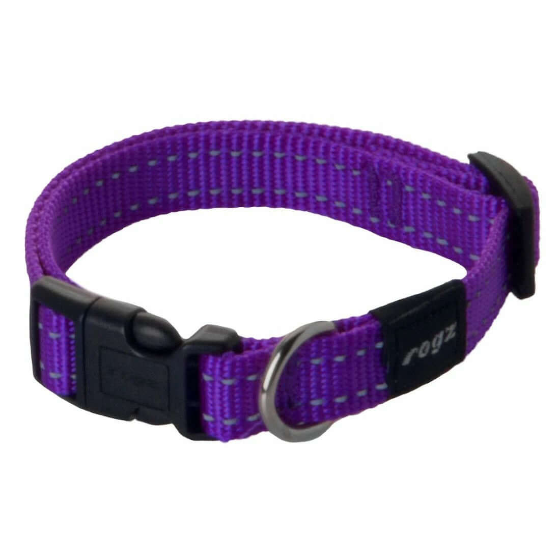 Rogz Classic Reflective Dog Collar in purple with ergonomic buckle and D ring for ID tag attachment.