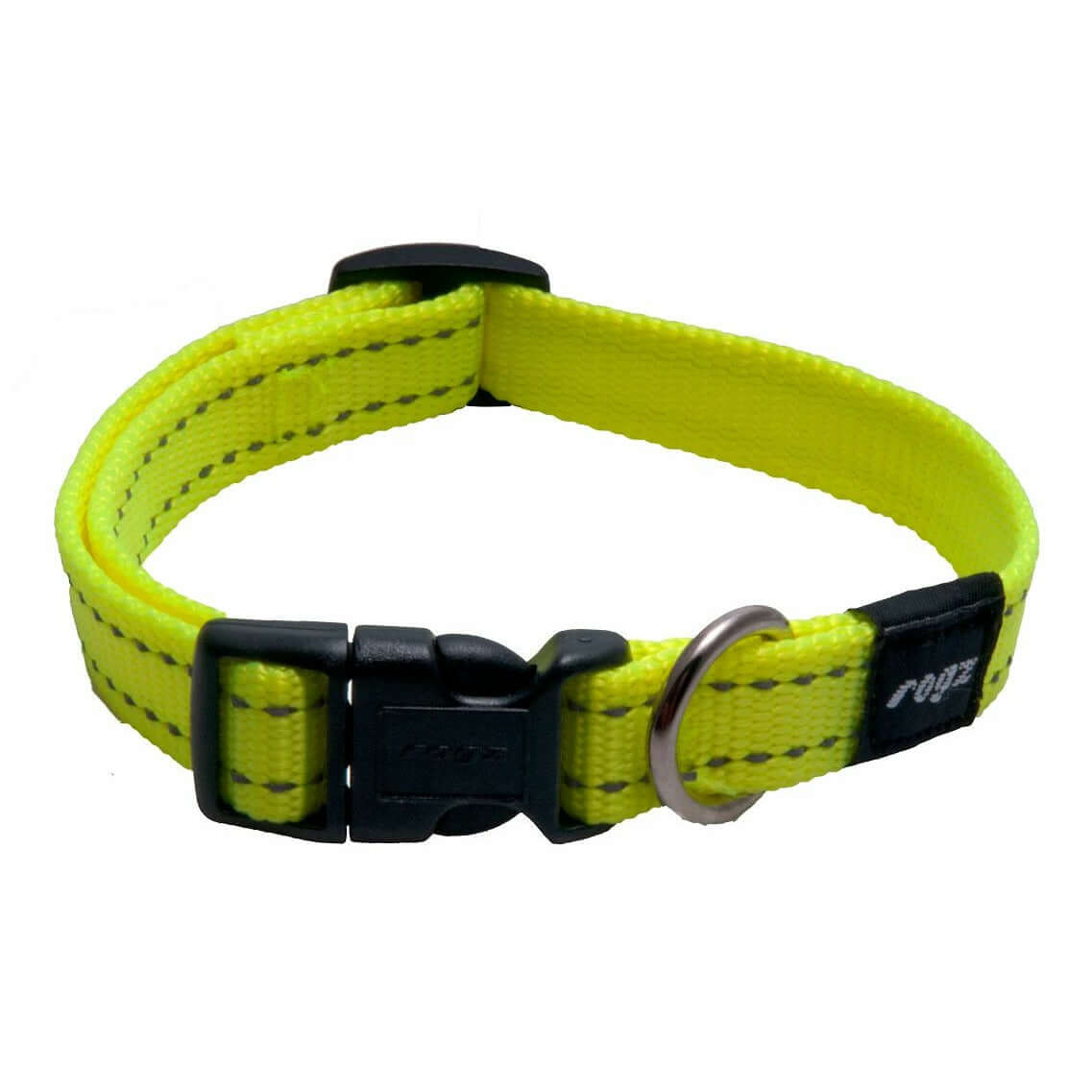 Rogz Classic Reflective Dog Collar in bright yellow with ergonomic buckle and D ring for ID tags. Ideal for everyday use.