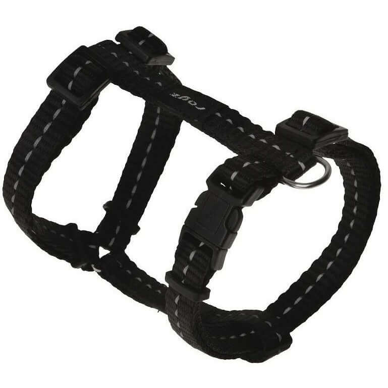 Rogz Classic Reflective Harness in black, featuring adjustable straps and reflective stitching for safety during night walks.