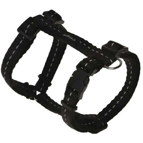 Rogz Classic Reflective Harness in black, featuring adjustable straps and reflective stitching for safety during night walks.