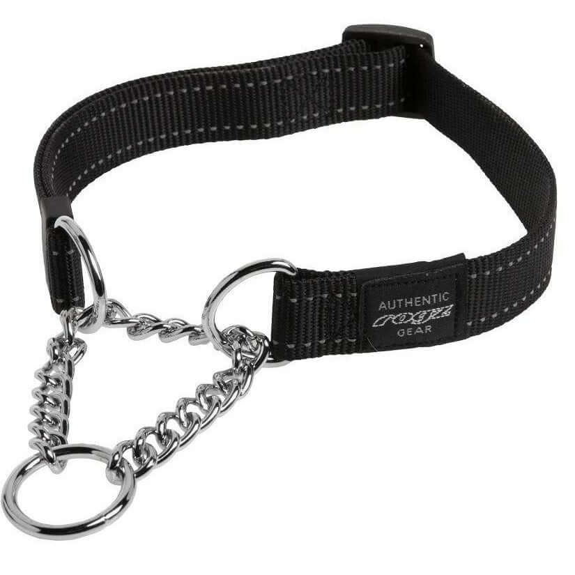 Rogz Control Chain Reflective Dog Collar featuring a durable black strap and rust-proof stainless steel chain for training.