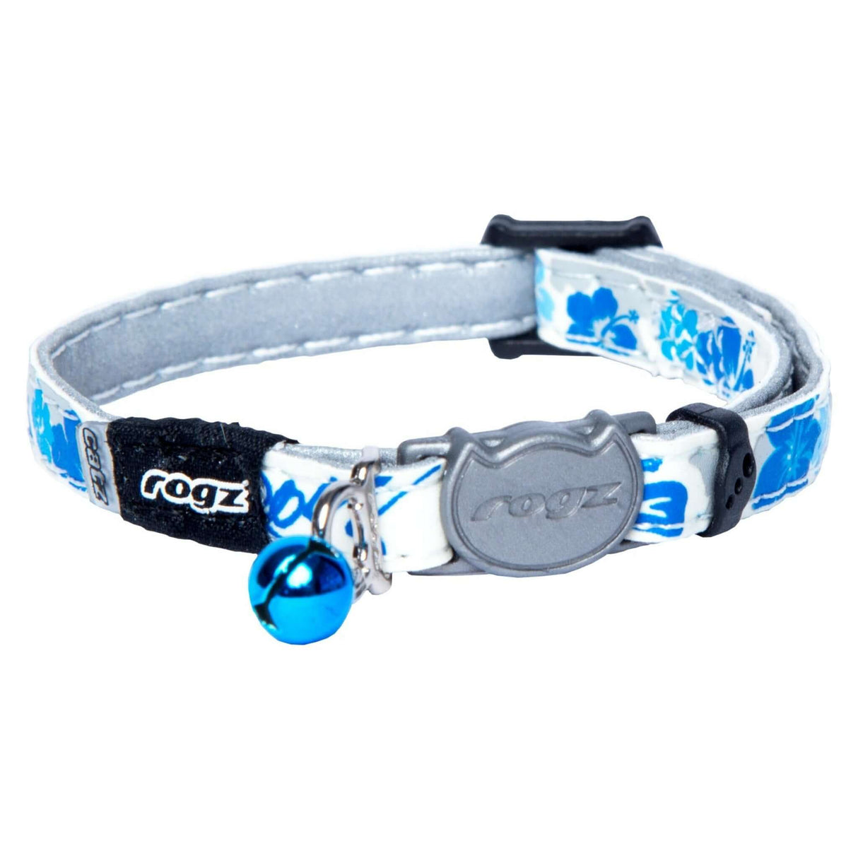 Rogz Glow Cat Collar with blue bell, featuring floral design and Safeloc Breakaway Clip for safety and comfort.