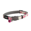 Rogz Glow Cat Collar with reflective design, pink bell, and adjustable Safeloc Breakaway Clip for safety.