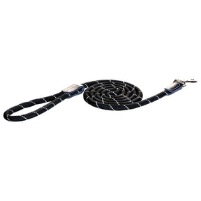 Rogz Rope Lead in black with reflective stitching for enhanced visibility and strength during dog walks.