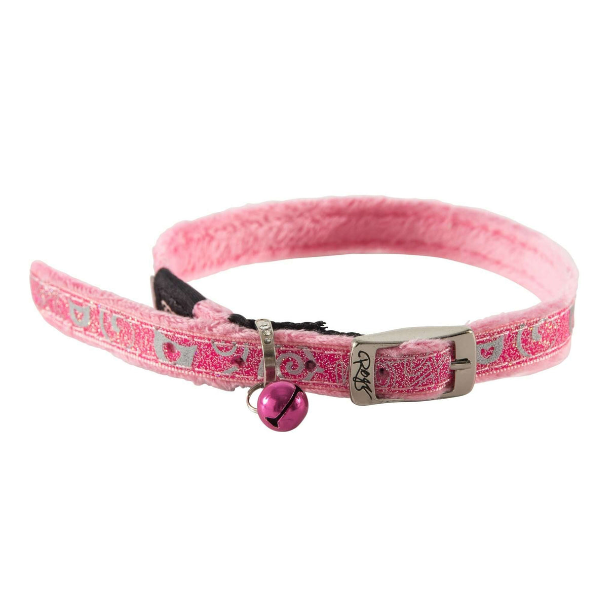 Rogz Sparkle Cat Collar in pink with bling overlay, adjustable metal pin-buckle, and removable bell for fashionable kittens.