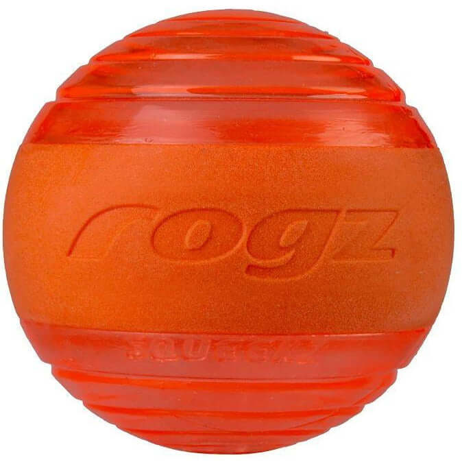 Bright orange Rogz Squeekz dog toy ball designed for fetching and squeaking fun for dogs.