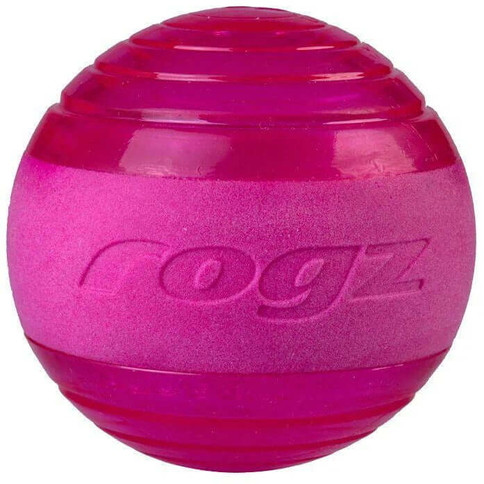 Rogz Squeekz Dog Toy in vibrant pink, featuring a two-toned design for playful fetch games and squeaky fun.