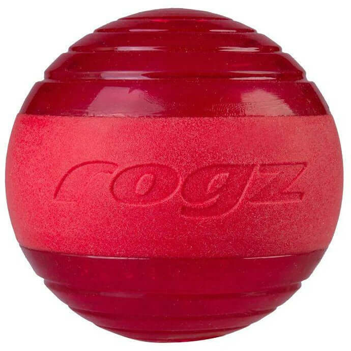 Rogz Squeekz dog toy ball in vibrant red color, designed for fun fetch games with squeaky sound and floating feature.