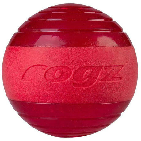 Rogz Squeekz dog toy ball in vibrant red color, designed for fun fetch games with squeaky sound and floating feature.