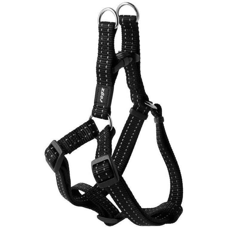 Rogz Step-In Reflective Harness in black, designed for easy fitting and featuring reflective stitching for added safety.