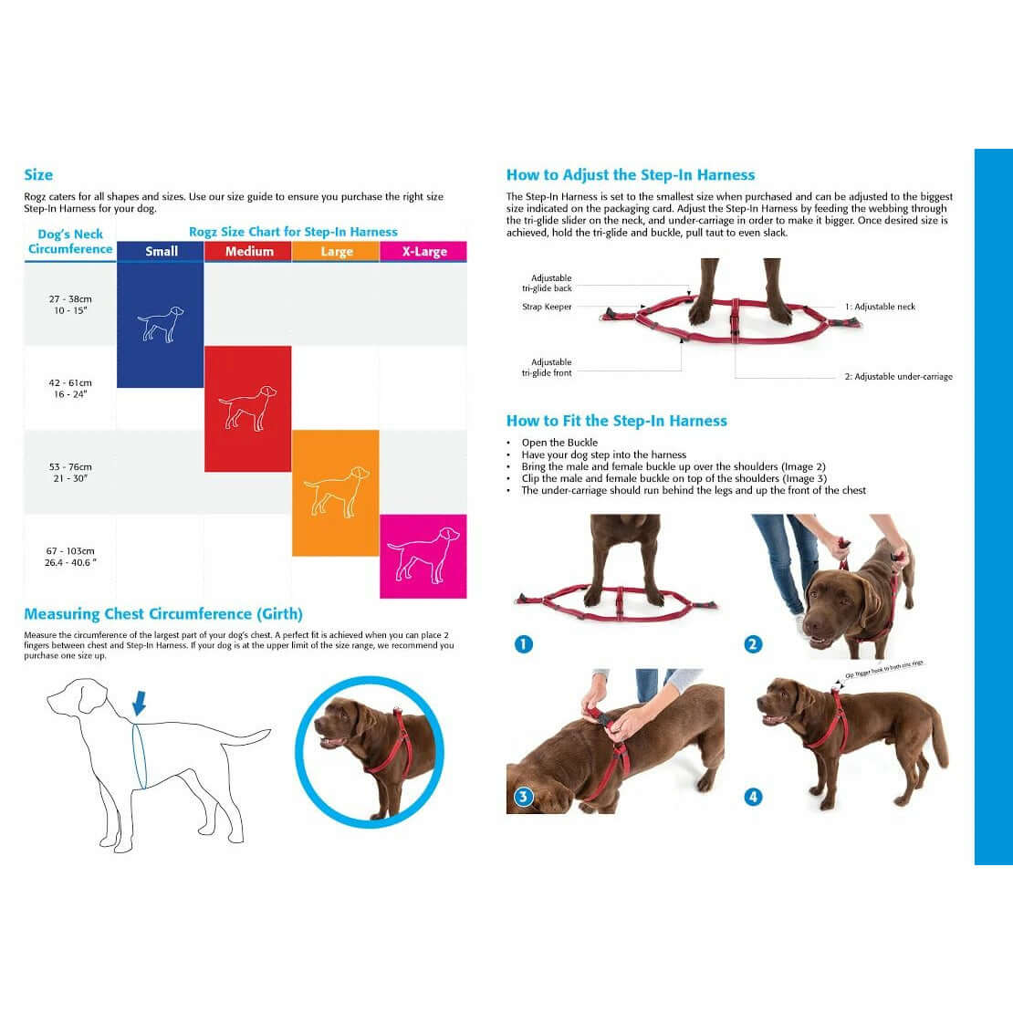 Dog size chart and fitting guide for Rogz Step-In Reflective Harness, showing measurement tips and fitting instructions.