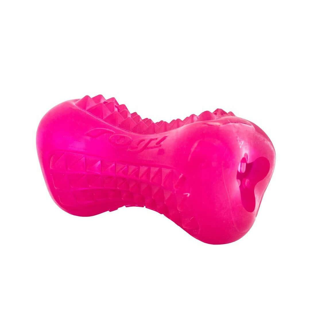 Rogz Yumz Dog Toy in vibrant pink, designed for treat dispensing and gum massage for improved oral care.