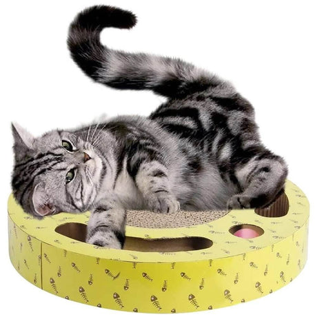 Cat lounging on a Pawise round cardboard scratcher for fun and entertainment, featuring catnip and eco-friendly materials.
