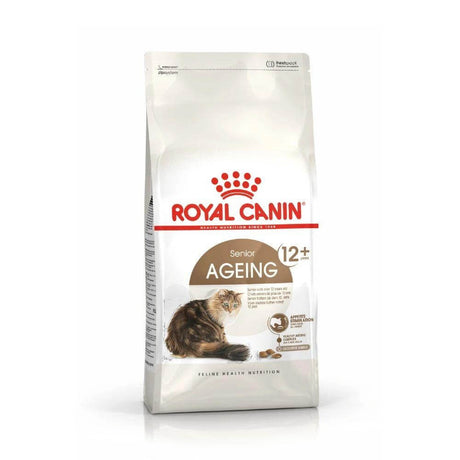Royal Canin Senior Ageing 12+ cat food package, designed for the nutritional needs of senior cats over 12 years old.
