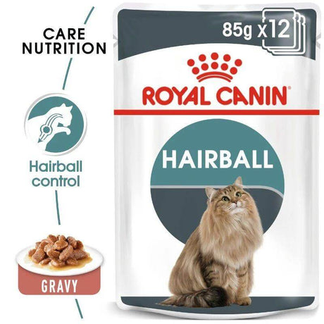 Royal Canin Hairball Care Wet Food Pouch 85g with gravy, designed for adult cats to control hairballs.