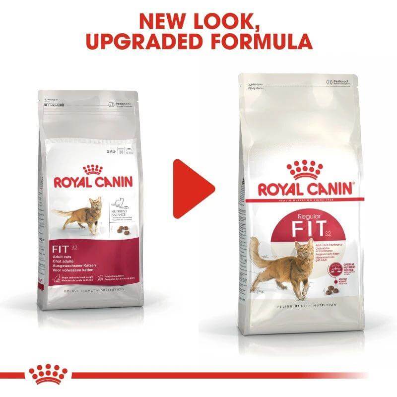 Royal Canin Fit 32 Cat Food packaging showing new look and upgraded formula for balanced nutrition for adult cats.