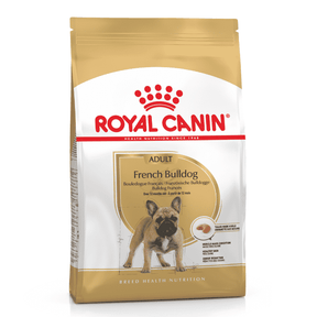 Royal Canin French Bulldog Adult Dog Food bag for dogs over 12 months, supports digestion and skin health.