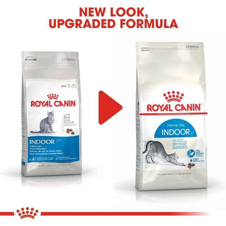 Royal Canin Indoor 27 cat food packaging comparison showcasing new look and upgraded formula.