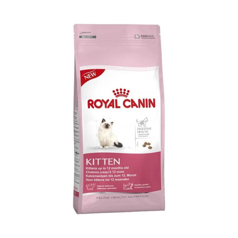 Royal Canin Kitten Food bag, suitable for kittens up to 12 months old, with enhanced digestive tolerance and high-quality protein.